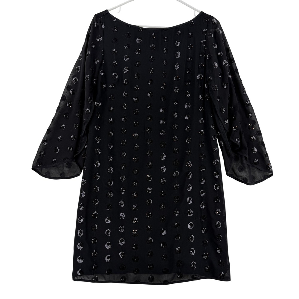Milly Dress Womens 6 Black‎ Sequin Polka Dot Chiffon Shift 3/4 Bell Sleeve USA